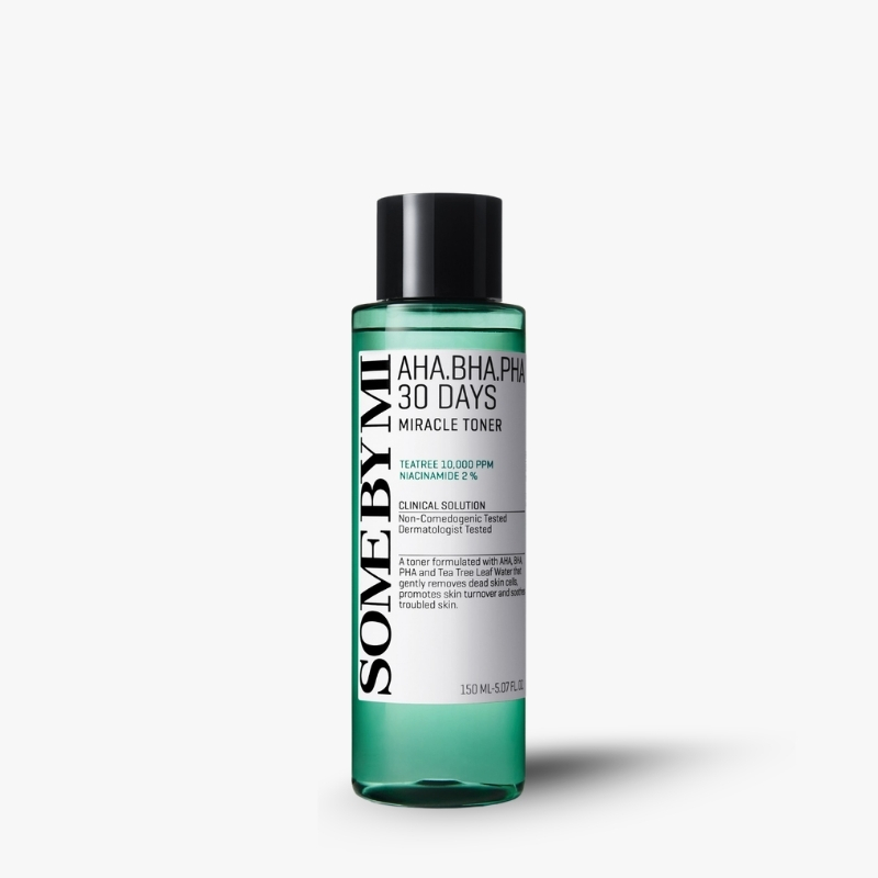 Bottle of Some By Mi AHA BHA PHA 30 Days Miracle Toner with green liquid and black cap on white background (skin care product)