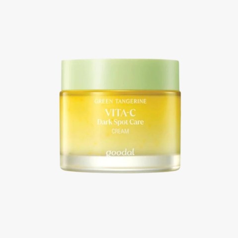 Goodal Vita-C Dark Spot Care Cream in a yellow jar with a pale green lid labeled Green Tangerine