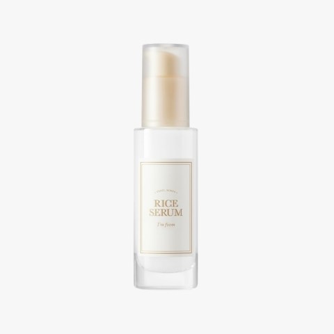 Rice Serum bottle with pump dispenser on a white background; label reads 'RICE SERUM'.