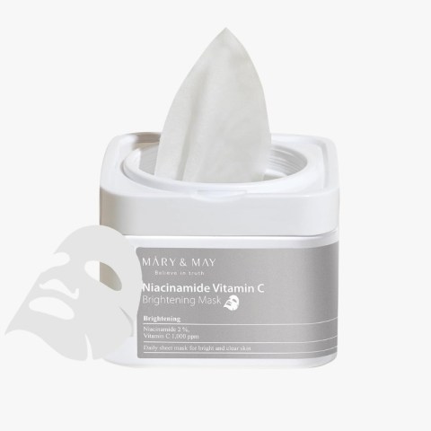 Mary & May Niacinamide Vitamin C Brightening Mask in a white jar with a sheet mask lifted out.