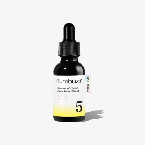 Dark glass dropper bottle of NumBuzin Glutathione Vitamin Concentrated Serum No.5 with yellow label and dropper cap, casting a shadow.