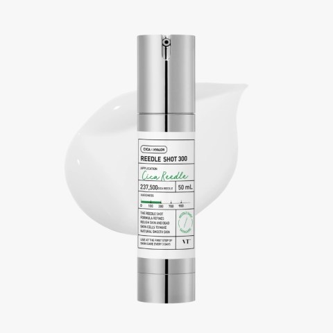 Silver pump bottle labeled Reedle Shot 300 serum with Cica Reede branding, 50 mL, shown against a light background with a white smear behind it.