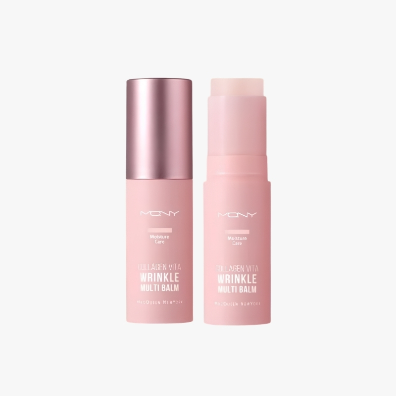 Two pink skincare bottles labeled Collagen Vita Wrinkle Multi Balm, one with a metallic cap and the other with a pump, on a white background