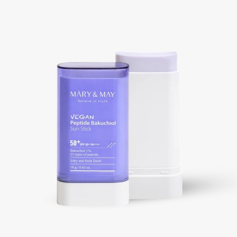 Purple Mary & May vegan peptide bakuchiol sun stick with SPF 50+ (PA++++), front view with white cap behind, 18 g/0.63 oz, silky finish