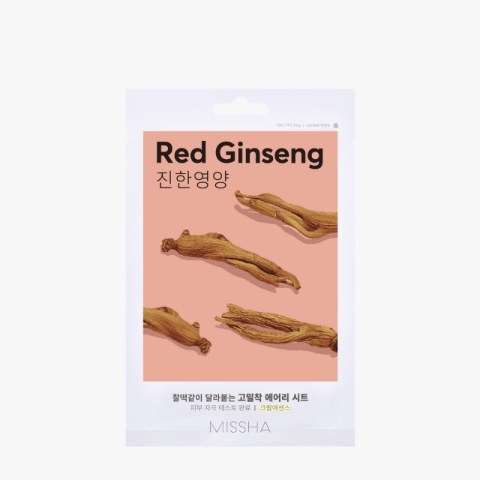Missha Red Ginseng sheet mask packaging with three ginseng roots on a pink panel, Korean text, and brand name at the bottom.
