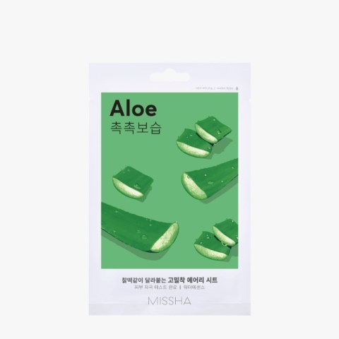 Aloe facial mask sheet packaging with green aloe illustrations and MISSHA branding at the bottom, Korean text on the left