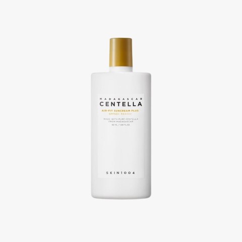 White sunscreen bottle with a gold cap, labeled Madagascar Centella Air-Fit Sunscreen Plus SPF50 PA++++