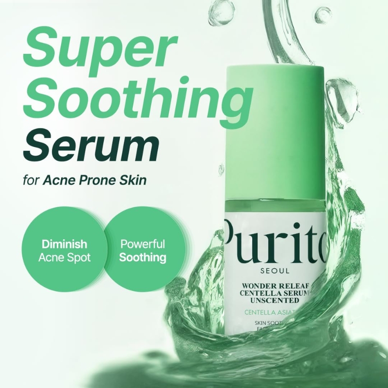 Green promotional image for Super Soothing Serum for acne-prone skin, featuring two round badges and a Purito serum bottle.