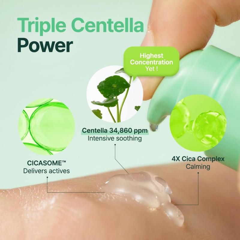 Skincare ad showing a green dropper dispensing serum onto skin with circular labels for Centella extract and calming actives (CICASOME and 4X Cica Complex).