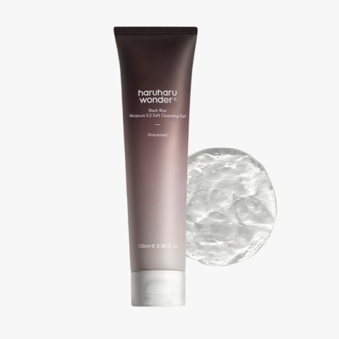 Tube of Haruharu Wonder Black Rice Moisture 5.5 Soft Cleansing Gel, unscented, with a clear gel blob beside it.