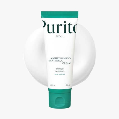 Tube of Purito Mighty Bamboo Panthenol Cream with a teal cap, displayed against a white circular backdrop.