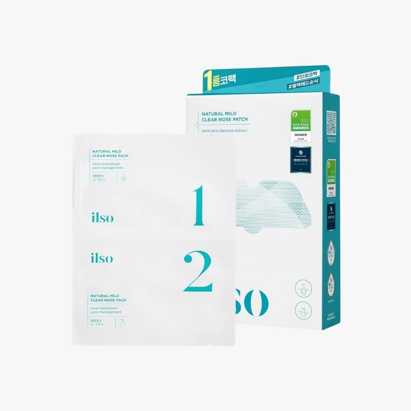 Boxed skincare set and two sachets labeled '1' and '2' for a natural mild clear nose pack with teal accents.