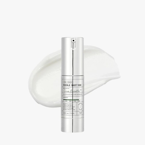 Silver cylindrical skincare bottle with pump, label reads 'Reedle Shot 1000' and a white cream smear behind it.