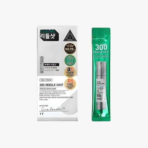 Korean skincare product box and a green refill pouch labeled '300 Reeedle Shot' with Cica Hyalon, for skin care use (focus on skin repair).