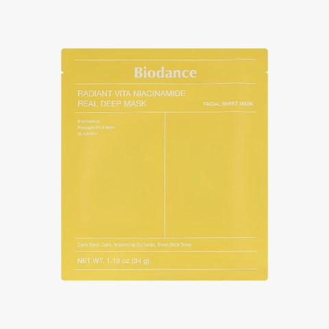 Yellow Biodance facial sheet mask package labeled Radiant Vita Niacinamide Real Deep Mask, net weight 1.19 oz (34 g).