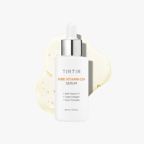 TIRTIR Pure Vitamin C24 Serum bottle with dropper, white container on a pale background with a beige cream smear behind it.