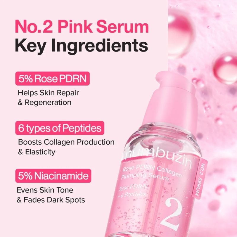 numbuzin No.2 Serum | Rose PDRN Collagen Plumping Serum | Glowing, Hydrating, Firming, Korean Skincare | Collagen, Peptides, PDRN | for Dry, Combination skin, No.2 Rose PDRN Collagen Plumping Serum 30ml