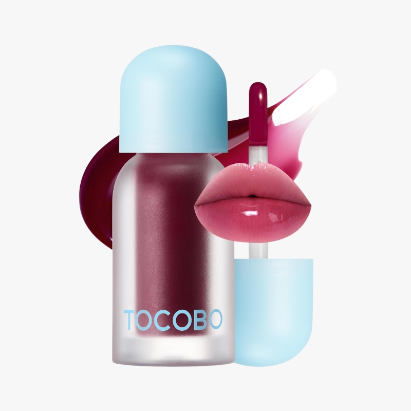 TOCOBO nail polish bottle with a light blue cap, burgundy polish, plus pink lipstick and glossy lips in a beauty collage on white background.