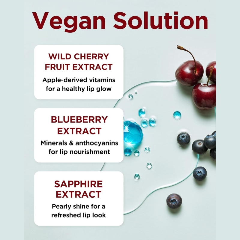 Vegan Solution infographic showing three lip-care extracts: Wild Cherry Fruit Extract, Blueberry Extract, and Sapphire Extract, with berries in the background.