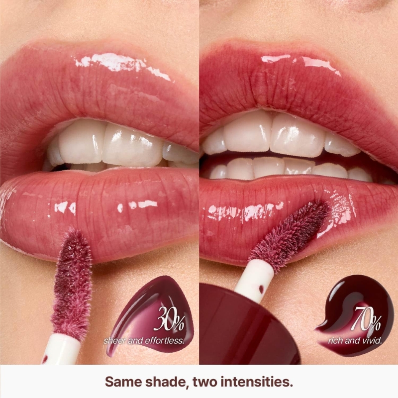 Close-up collage of lips with two burgundy gloss shades: left shows 30% sheer, right shows 70% rich; caption reads 'Same shade, two intensities.'
