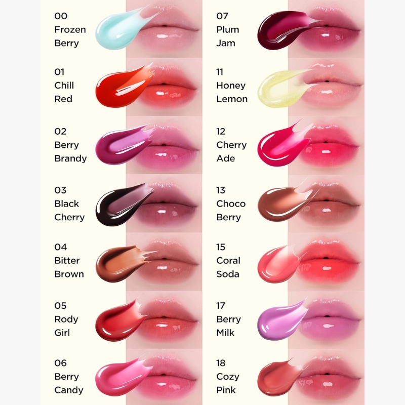 Lip color swatches with lips and names: 00 Frozen Berry through 06 Berry Candy on the left; 07 Plum Jam to 18 Cozy Pink on the right.