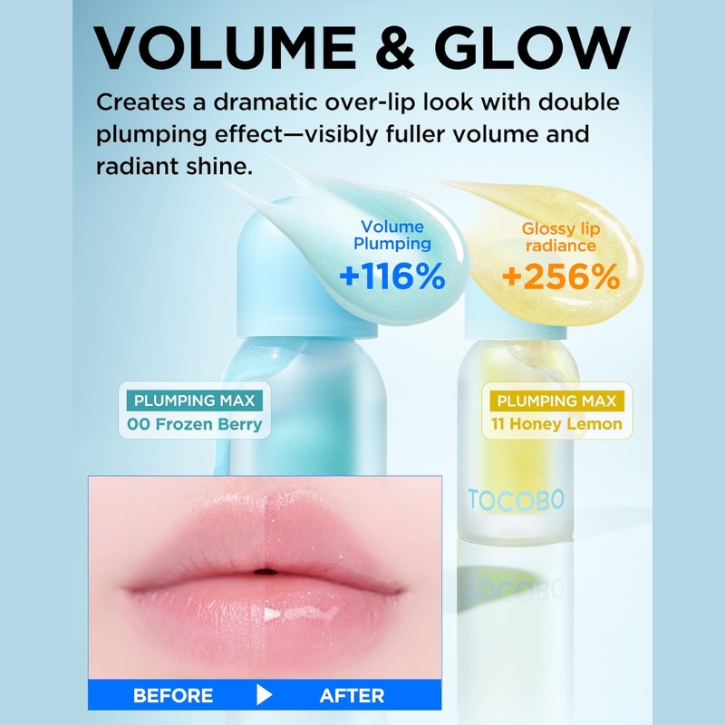 Promotional lip-plumper graphic showing two bottles and a before/after lip image, with ‘VOLUME & GLOW’ and boosts of +116% volume and +256% gloss.