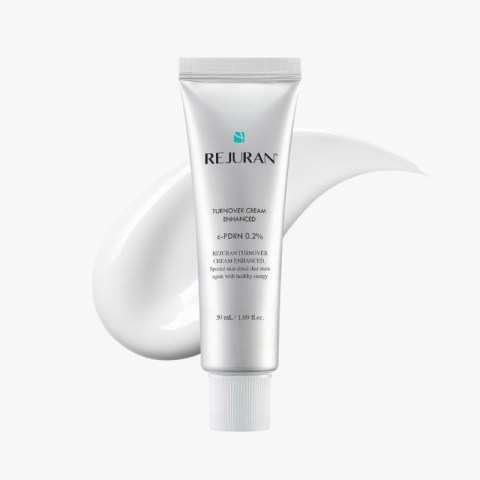 Silver REJURAN Turnover Cream Enhanced tube with a white cream smear in the background, cosmetics product image