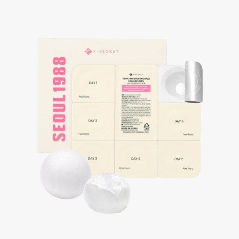K-SECRET Seoul 1988 booster kit with day-by-day panels labeled Day 1–Day 6 and two white spheres in front.