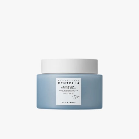 Blue jar of Centella Hyalu-Teca Firming Cream with a white lid on a white background