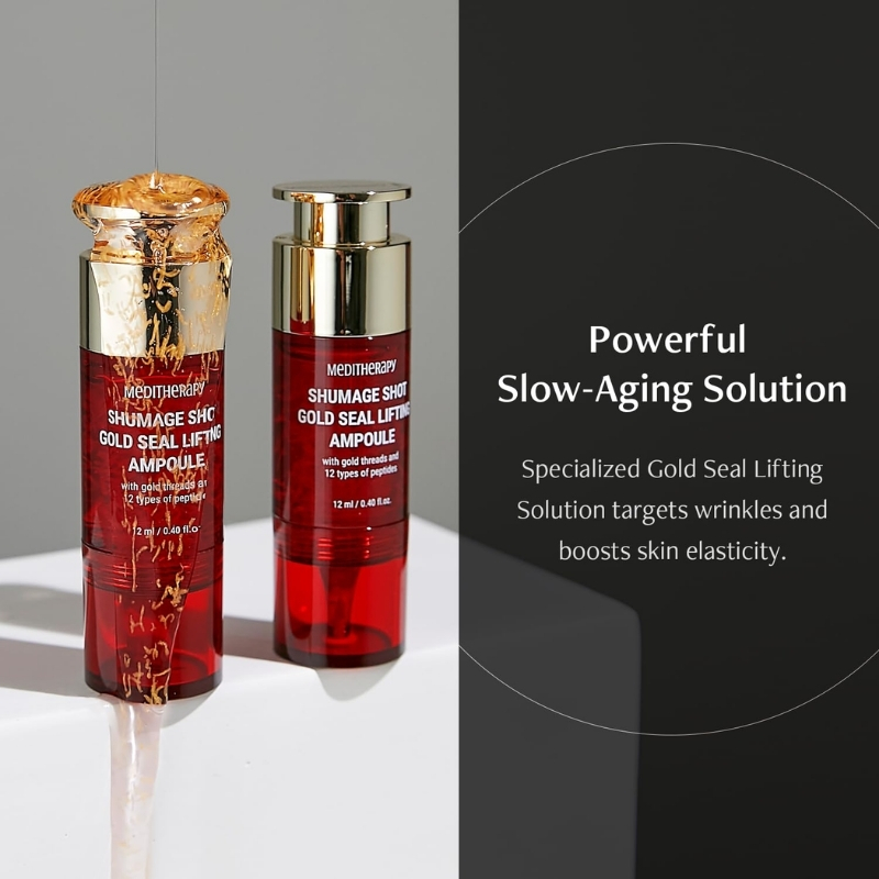 Two red serum bottles with gold caps on a white surface, placed beside a dark panel with the slogan 'Powerful Slow-Aging Solution' and descriptive text on aging skincare.