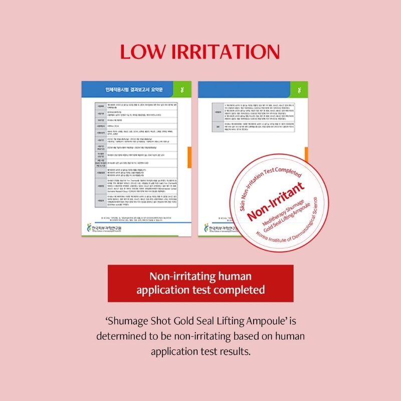 Informational infographic announcing low irritation for Shumage Shot Gold Seal Lifting Ampoule; features two test documents, a circular ‘Non-Irritant’ stamp, and a red banner stating the human irritation test is completed.