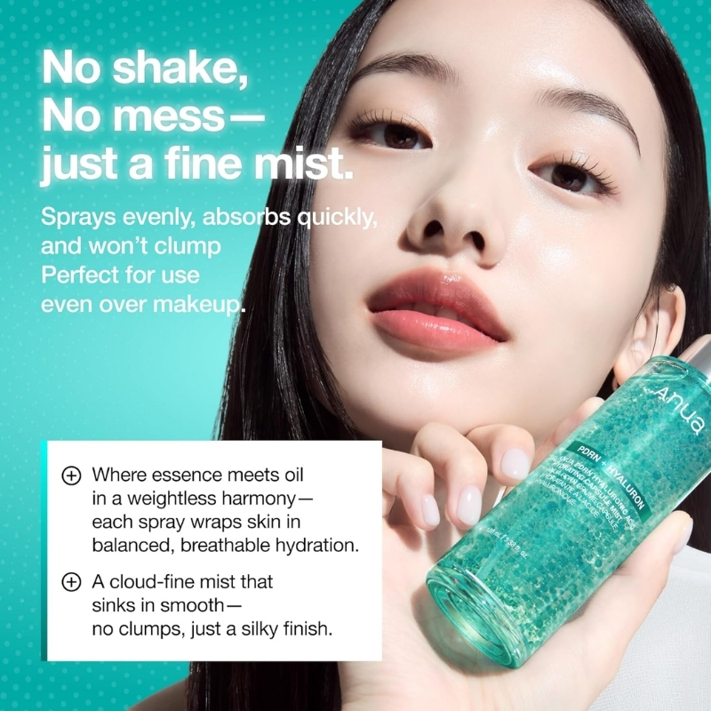 Close-up of a woman holding a turquoise facial mist bottle with text about a fine mist and makeup-friendly hydration.