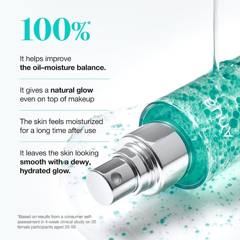 Turquoise skincare bottle pouring teal gel with bold 100% claim and notes on oil–moisture balance and dewy, hydrated skin.