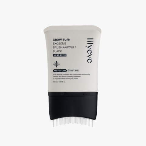 Liveye Grow Turn Exosome brush ampoule container with a black cap and white body, bristles visible at bottom, labeled for scalp care and anti-hair loss