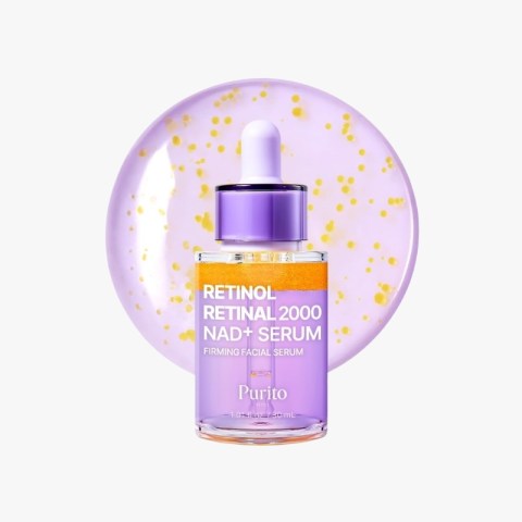Purito Retinol/Retinal NAD+ Serum bottle with purple dropper, set against a lavender circular backdrop.