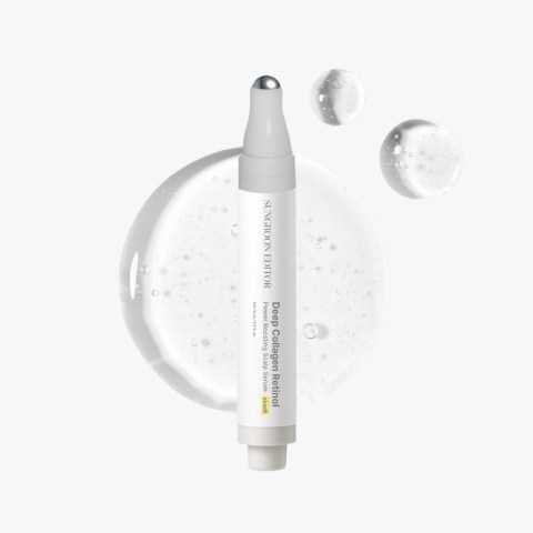Pen-shaped white skincare serum bottle labeled Deep Collagen Retinol with water droplet background.