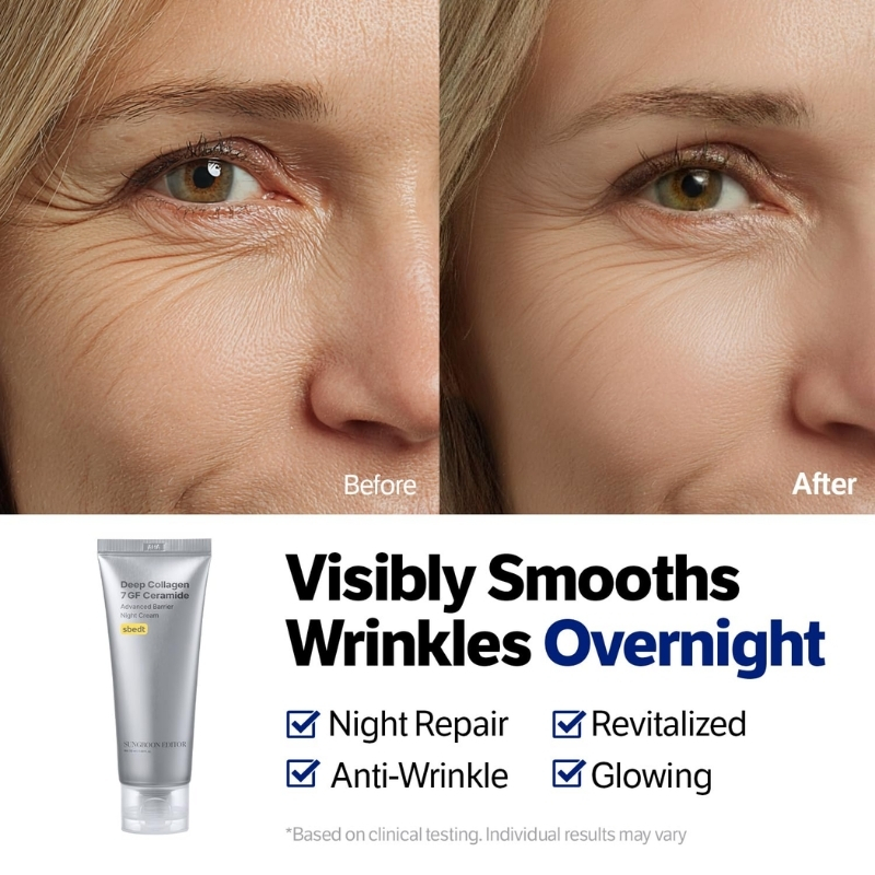 Before-and-after close-up of an eye showing wrinkle reduction; a skincare tube appears with the slogan 'Visibly Smooths Wrinkles Overnight'