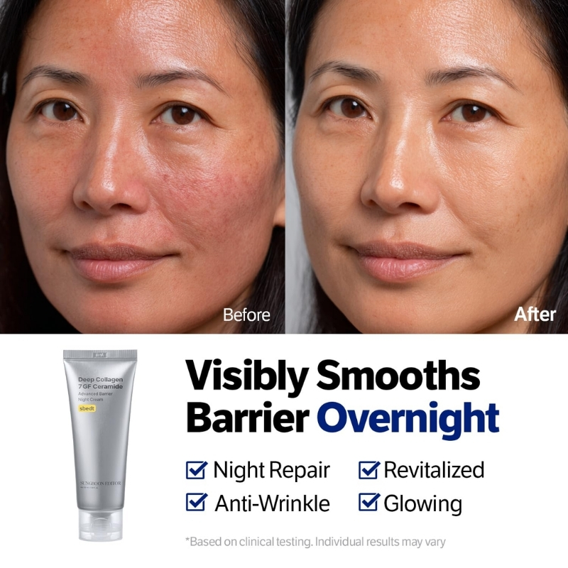 Before-and-after photos of a woman's face: left shows redness and uneven texture, right shows smoother skin; a tube of night cream and ' Visibly Smooths Barrier Overnight' text appear below.