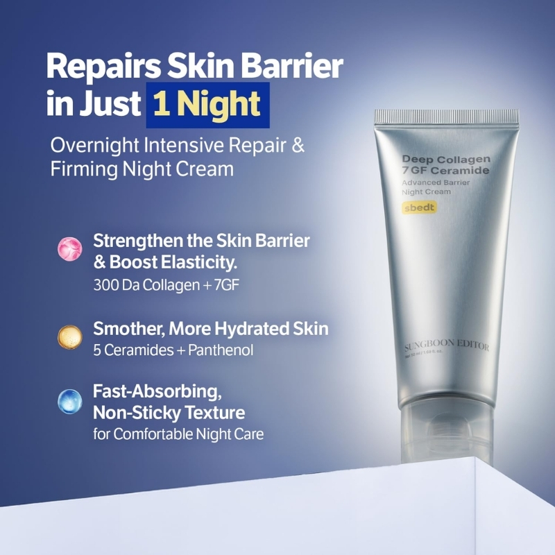 Ad banner for a night repair cream: a silver tube on the right with a blue gradient background and bullet-point benefits on the left, headed 'Repairs Skin Barrier in Just 1 Night.'