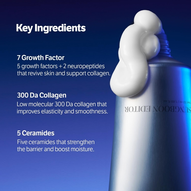 Key Ingredients: 7 Growth Factor, 300 Da Collagen, and 5 Ceramides listed beside a pump bottle with foam on a blue gradient background
