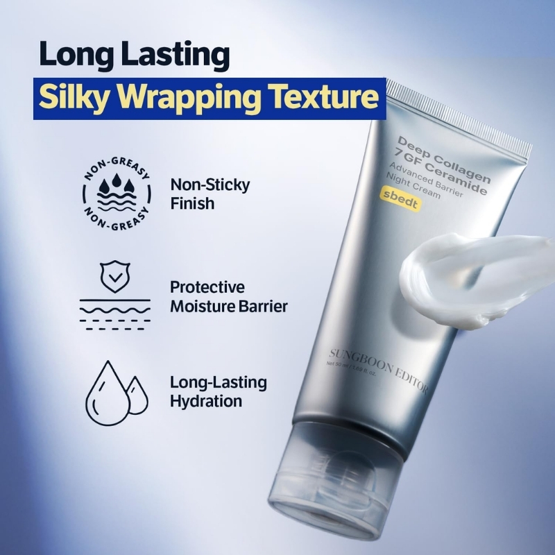 Cosmetic ad showing a silver tube with cream splashing out, headline 'Long Lasting Silky Wrapping Texture' and three feature icons: Non-Sticky Finish, Protective Moisture Barrier, Long-Lasting Hydration.