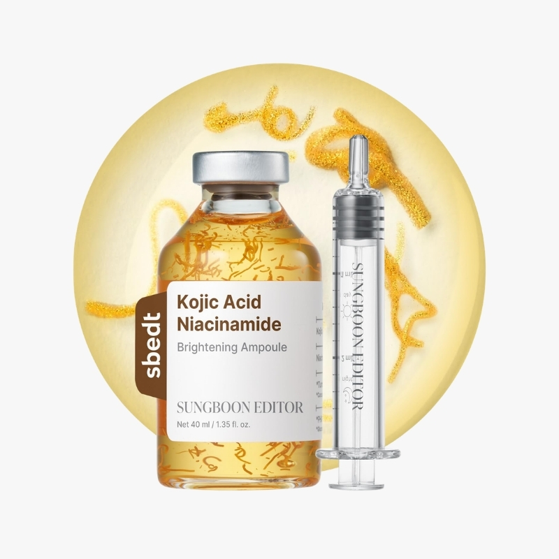 Brightening skincare ampoule bottle labeled Kojic Acid Niacinamide with a dropper on a yellow circular backdrop